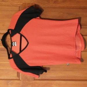 Zoic woman's size S stretch knit athletic top w multiple logos, back pocket